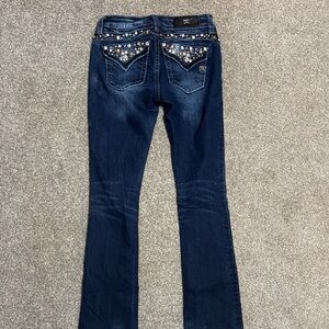 Miss Me Dark Blue Boot Cut Jeans with Crystal Accents
